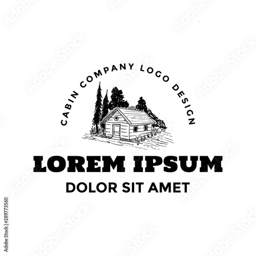 Cabin in pine forest american nature logo hand drawn template