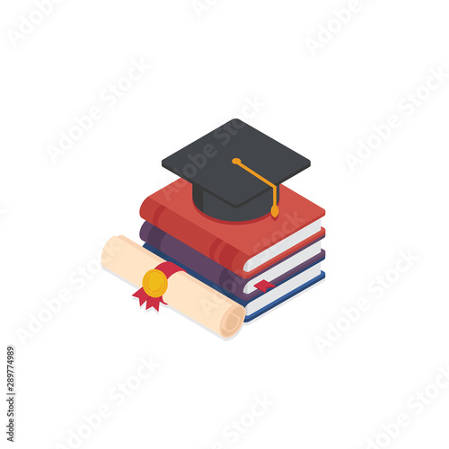Stack of book with a mortarboard and graduation scroll. Graduate, study, education, university, college concept