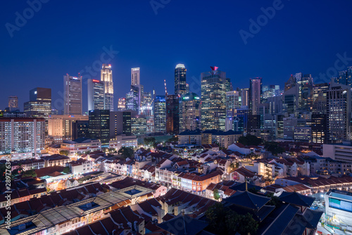 Central Business District and China town at magic hour in Singapore