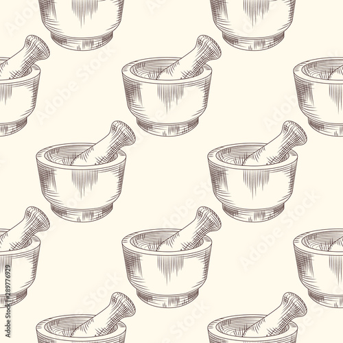 Hand drawn mortar and pestle seamless pattern.