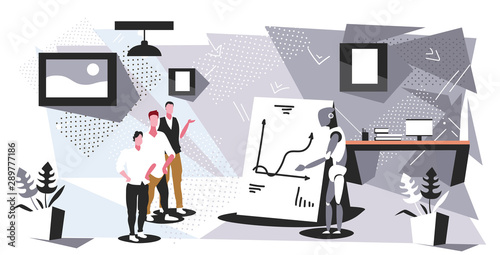 robot explaining financial presentation on flip chart to business people team during meeting artificial intelligence technology concept modern office interior sketch horizontal full length