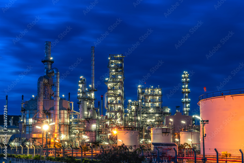 Oil refinery and plant at twilight.