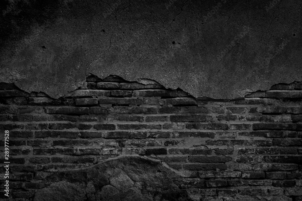 Black brick wall and concrete texture for background.