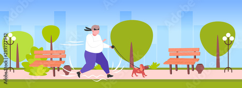 fat obese man jogging with dog oversize fatty guy running outdoor weight loss concept urban park cityscape background horizontal full length flat