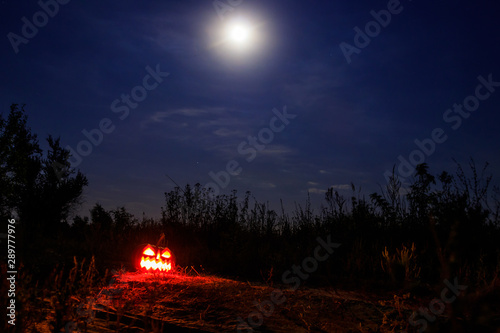 Spooky Halloween pumpkin jack-o-lantern with burning candles in scary forest at night