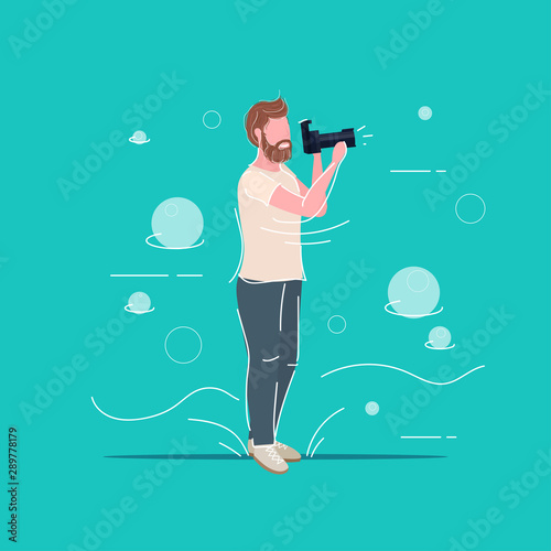 professional photographer taking picture photo man traveler shooting with digital dslr camera male cartoon character full length flat