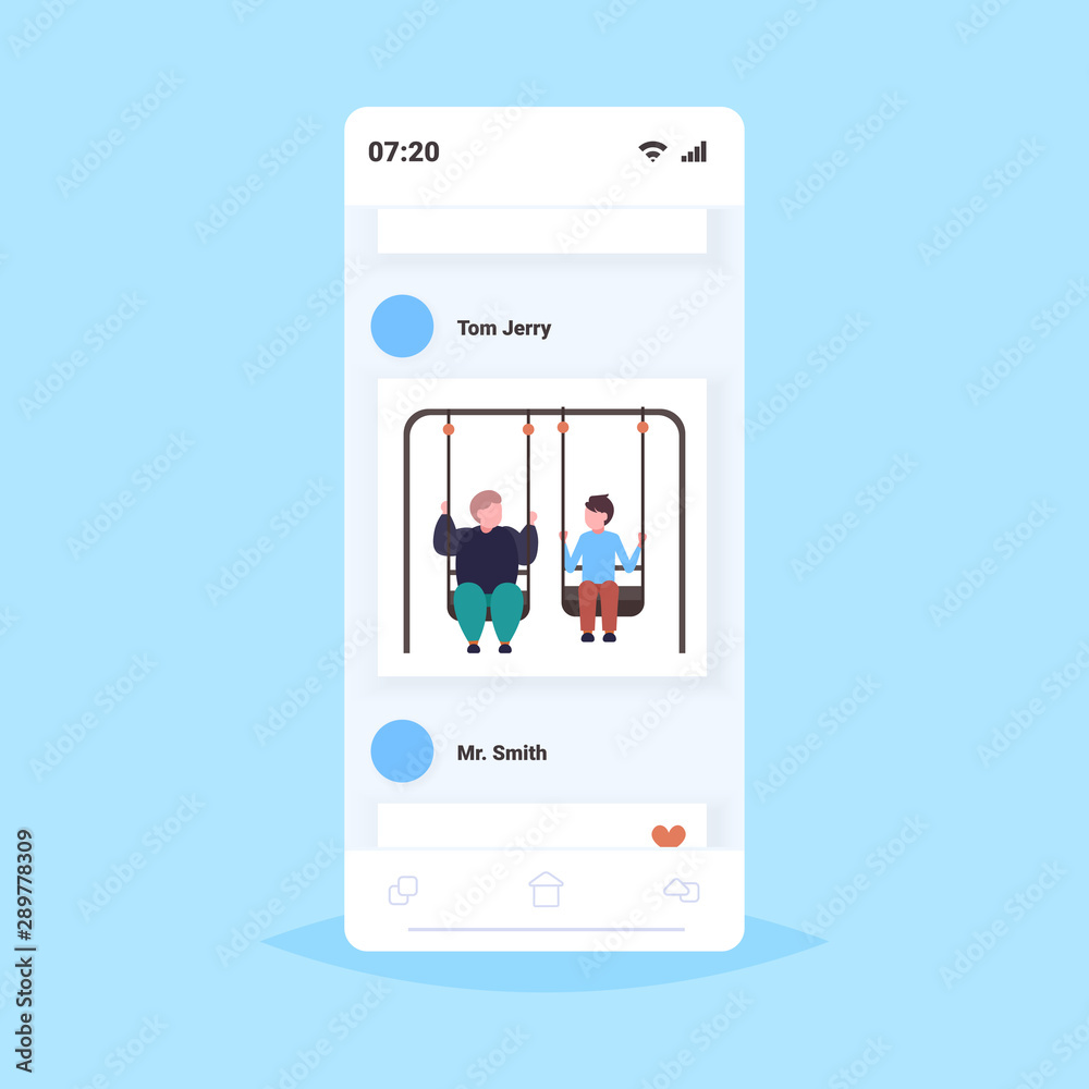 thin and fat obese men couple swinging together obesity concept overweight man with friend sitting on swing having fun smartphone screen online mobile app flat full length thin and fat obese men couple swinging together obesity concept overweight man with friend sitting on swing having fun smartphone screen online mobile app flat full length
