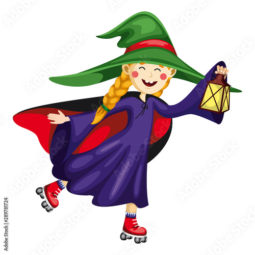 roller skate. a little girl in a witch costume skating. a big hat on her head and a lantern in her hand. can be used as a postcard