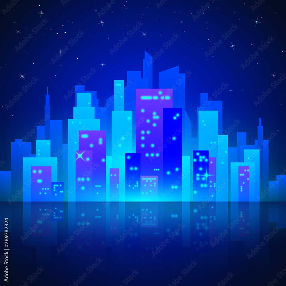 Neon city landscape with glow and bright colors. Silhouette of futuristic town with reflection. Retro style 80s. Vector illustration