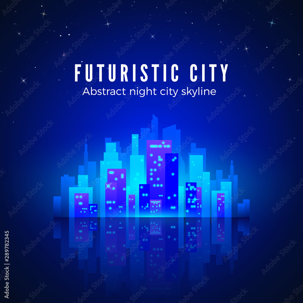 Neon city landscape with glow and bright colors. Silhouette of futuristic town. Sci-fi background. Retro style 80s. Vector illustration