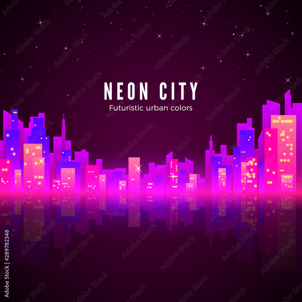 Neon city landscape with glow and bright colors. Sci-fi background. Silhouette of futuristic town. Retro style 80s. Vector illustration