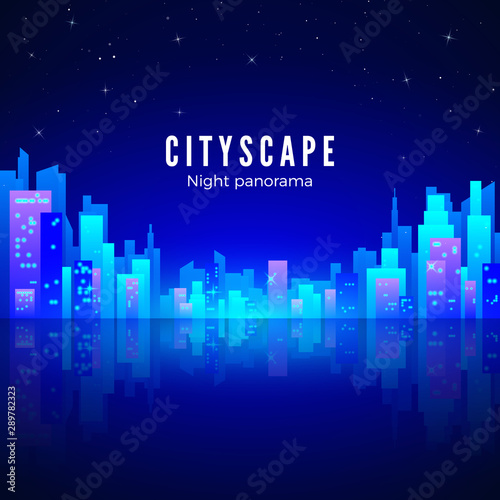 Night city landscape with neon glow and bright colors. Silhouette of futuristic town with reflection. Retro style 80s. Vector illustration