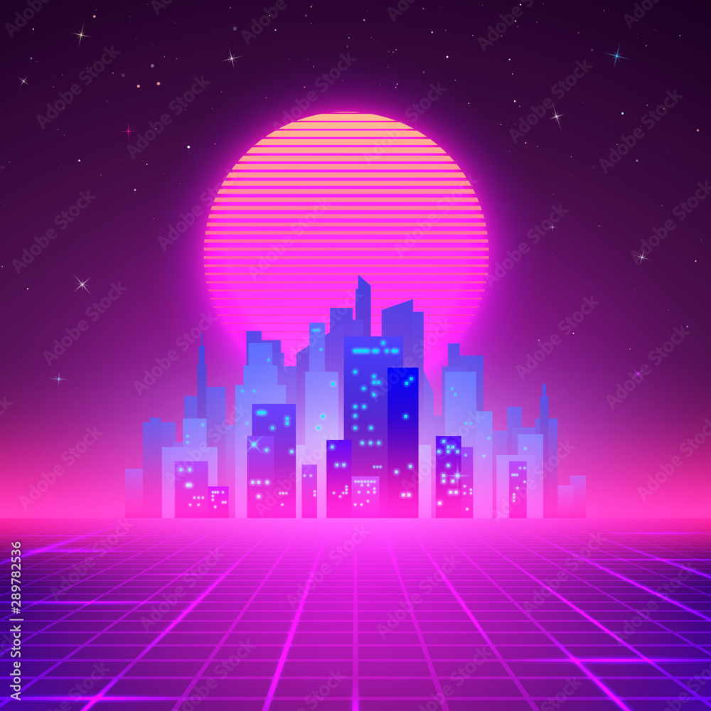 Night City Skyline. 80s Retro Sci-Fi Background. Futuristic Design in 80s Style. Vector illustration