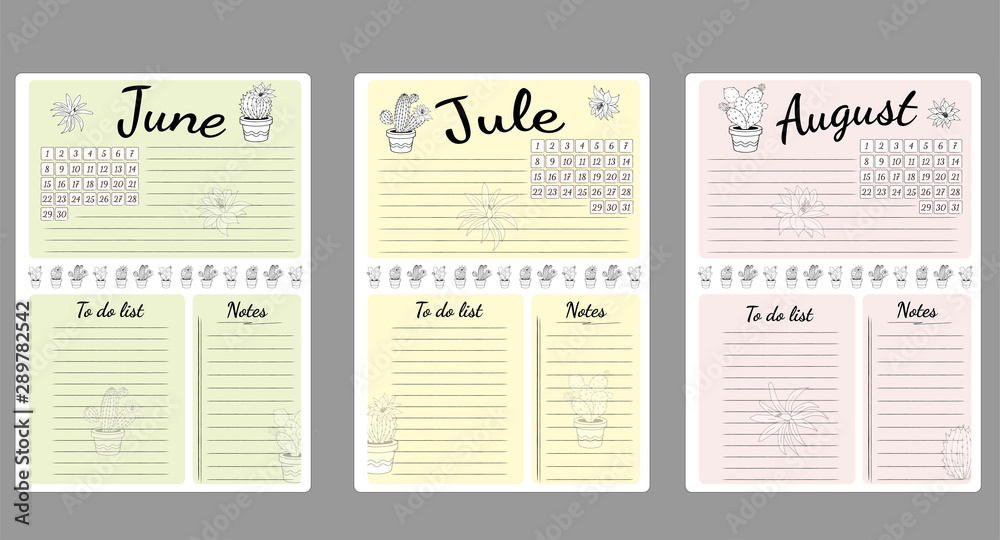 Fototapeta premium Monthly sheets of business plans and a list of common activities in the summer months of June, July, August.