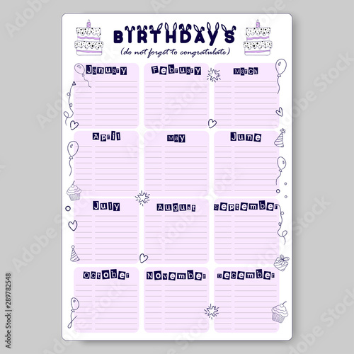 Checklist, do not forget to wish your friends and relatives a happy birthday. Reminder every month. Vertical template.