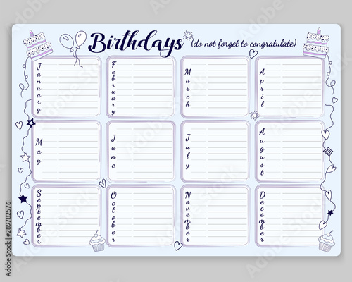 Checklist, do not forget to wish your friends and relatives happy birthday. Reminder every month.