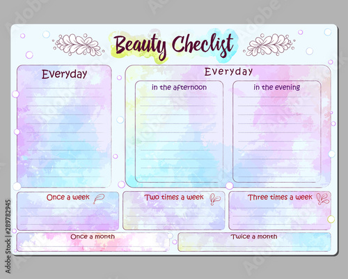 Control sheet of affairs and habits for women. Beauty Checklist. Watercolor backgrounds.