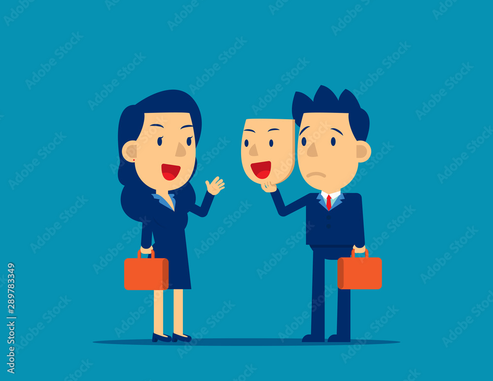 Person holding happy mask. Concept business colleagues vector illustration, Flat cartoon style design, Unhappy Person holding happy mask. Concept business colleagues vector illustration, Flat cartoon style design, Unhappy