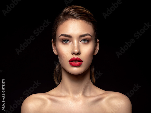 Beautiful  fashion woman with red lipstick. Pretty model.