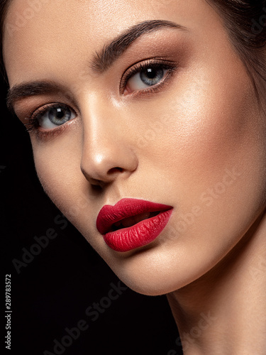 Beautiful  fashion woman with red lipstick. Pretty model.