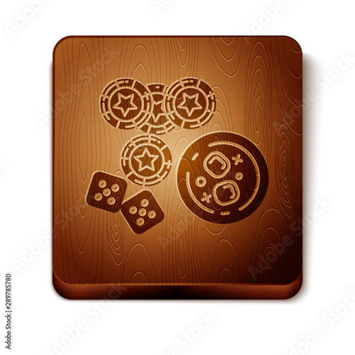 Brown Casino chips, game dice and glass of whiskey with ice cubes icon isolated on white background. Casino poker. Wooden square button. Vector Illustration