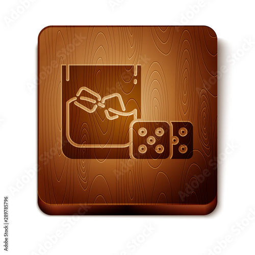 Brown Game dice and glass of whiskey with ice cubes icon isolated on white background. Casino gambling. Wooden square button. Vector Illustration