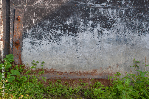 Abstract grunge background. The lower left side of the old garage door. Scratches and rust. Large rusty iron hinges with rivets. Bottom grass.