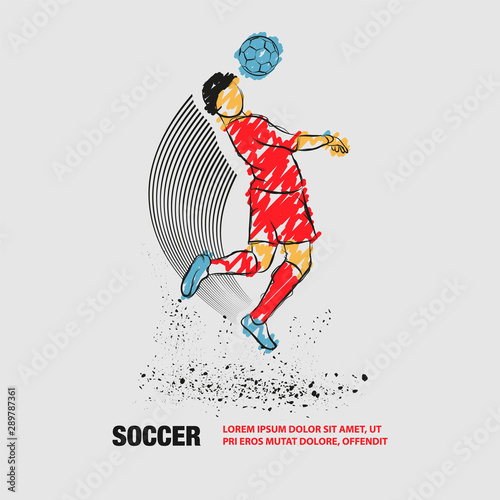 Soccer player hit the ball by head. Vector outline of Soccer player with scribble doodles.