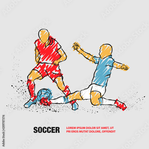 Soccer player hits the ball in the tackle. Vector outline of Soccer players with scribble doodles.