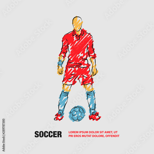 Soccer player stands near the ball and prepare for a kick. Vector outline of Soccer player with scribble doodles.