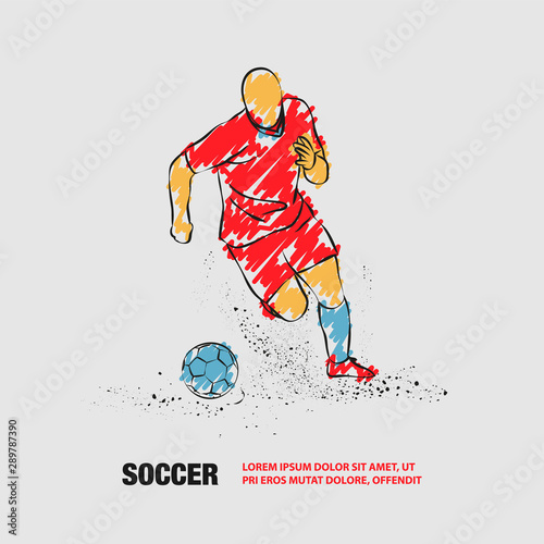 Soccer player running with the ball. Vector outline of Soccer player with scribble doodles.