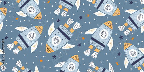 Childish seamless pattern with hand drawn rockets