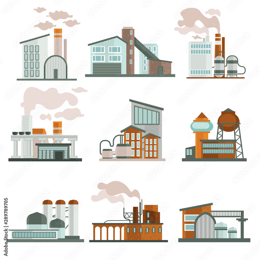 Nuclear power plant or factory isolated icons, industrial zone