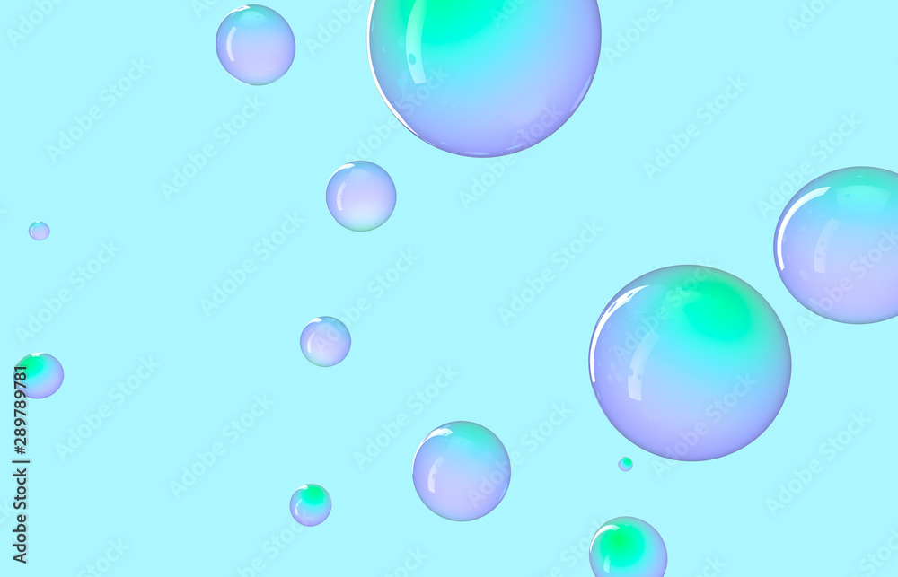 Abstract colorful 3d art background. Glossy Holographic floating liquid blobs, soap bubbles, metaballs.
