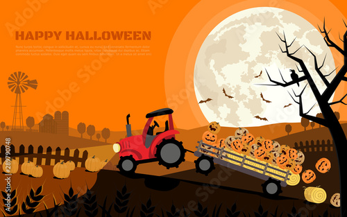 The tractor carrying smiley halloween pumpkins in trailer with background of farm and full moon. Flat cartoon vector illustration.