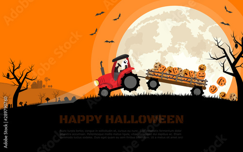 The tractor carrying smiley halloween pumpkins in trailer with background of graveyard, farm and full moon. Flat cartoon vector illustration.