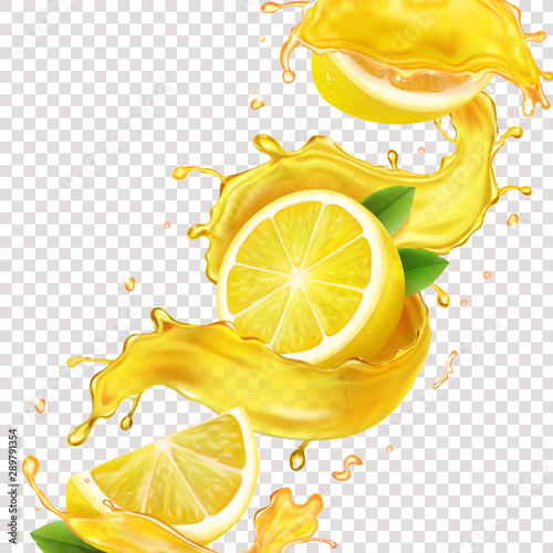 Lemons in yellow juice splash realistic illustration