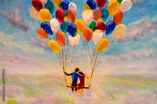 Fototapeta Naklejka Na Ścianę i Meble -  Illustration of love and valentine day painting Young couple in love fly on air balloons