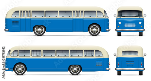 Retro bus vector mockup on white background view from side, front, back. All elements in the groups on separate layers for easy editing and recolor