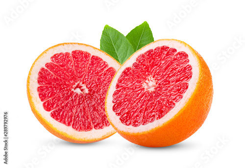 pink orange or grapefruit with slice and leaf isolated on white background