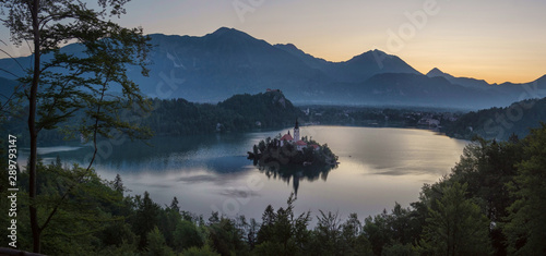 Aerial view of Lake Bled Alps Slovenia Europe. Mountain alpine lake. Island with church in Lake Bled