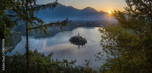 Aerial view of Lake Bled Alps Slovenia Europe. Mountain alpine lake. Island with church in Lake Bled