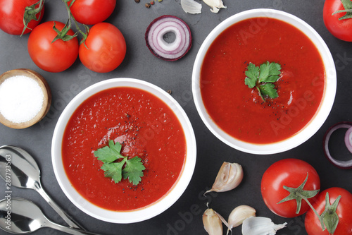 Two plates with gazpacho - traditional Spanish tomato soup 