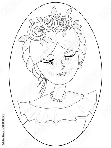 contour illustration with children's drawing for self-coloring with the image of a cute girl with traditional Mexican hair and makeup in the style of Calavera Katrina