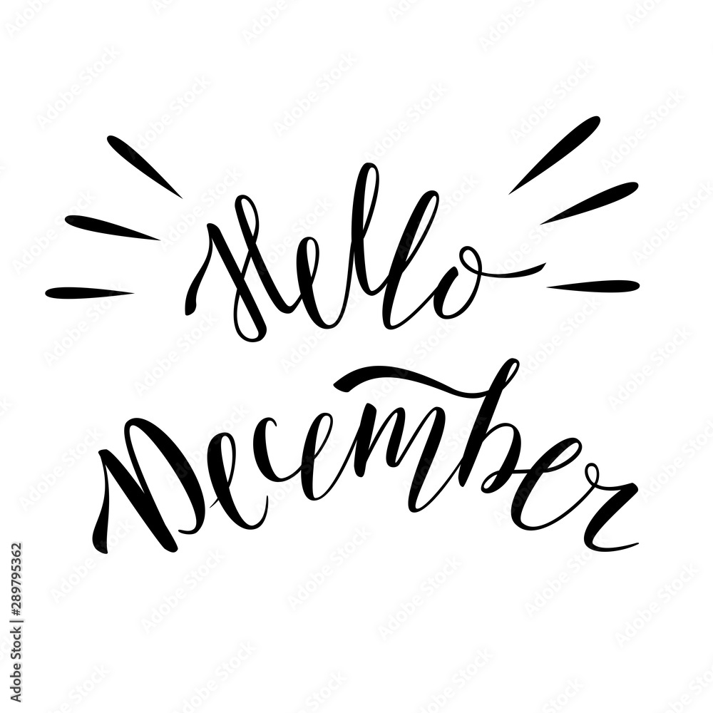 Hello December. The inscription on the t-shirts, card, poster, notebook. Lettering on a white background. Calligraphy. Hello December. The inscription on the t-shirts, card, poster, notebook. Lettering on a white background. Calligraphy.