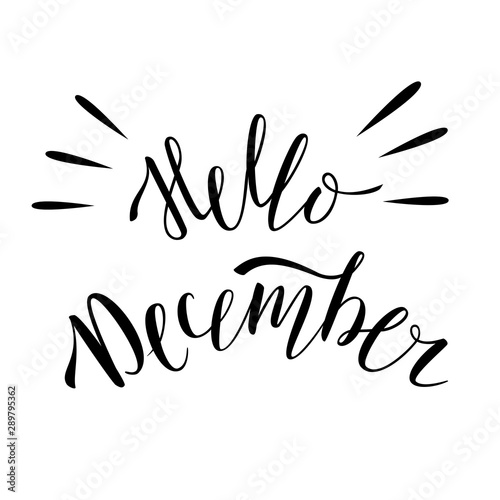 Hello December. The inscription on the t-shirts, card, poster, notebook. Lettering on a white background. Calligraphy.