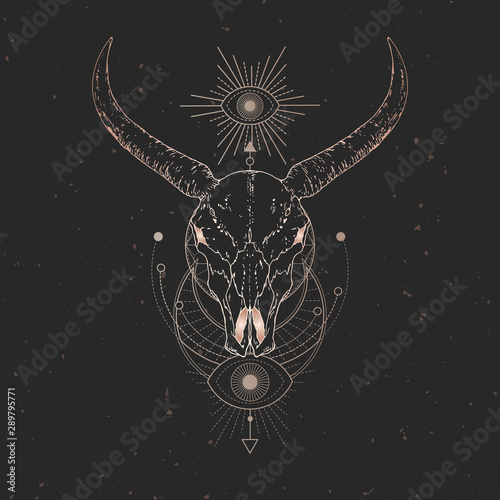 Vector illustration with hand drawn Wild buffalo skull and Sacred geometric symbol on black vintage background. Abstract mystic sign. © nadezhdash