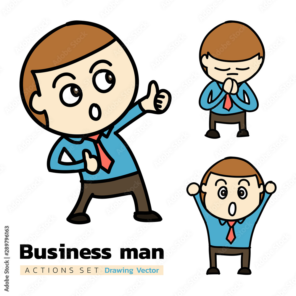 Business man in 3 actions of Happy set as thumb up, respect and surprise. Drawing vector for business or graphic design.
