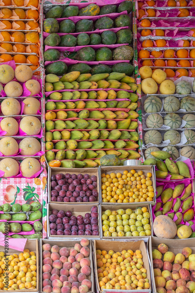 Colorful organic fruits in the street market. Healthy food. Sharm el Sheikh, Egypt