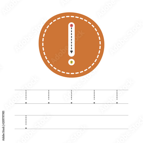Learning to write a exclamation mark. A practical sheet from a set of exercises for the development and education of children. Writing a punctuation mark. Vector illustration.